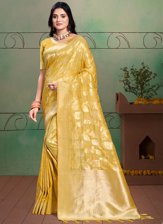 Cotton Silk Yellow Traditional Wear Weaving Saree